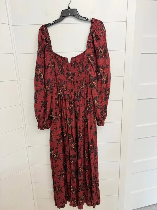 Free People Jaymes Maxi Dress Burgundy Floral Smocked Long Sleeve 36437 - Picture 6 of 11